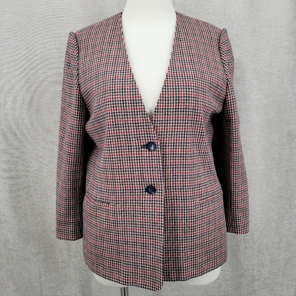 Leslie Fay Vintage Wool Blend Women's Houndstooth Blazer Navy Tan and Red - Picture 4 of 10
